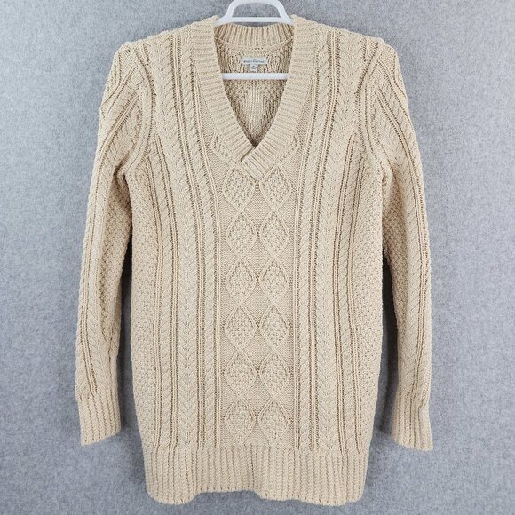 LL Bean Tunic Sweater Womens Medium Cream Ivory Cable Knit Fisherman Cotton - Picture 1 of 9